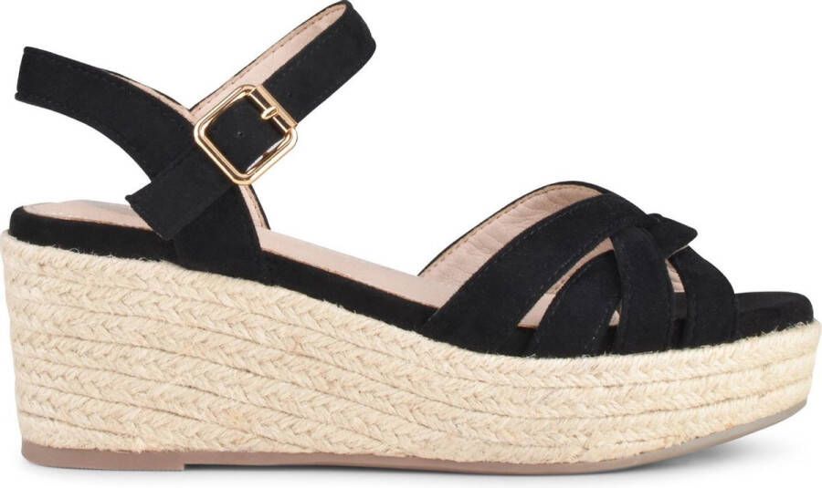 PS Poelman TULSI Dames Faux PU Imitatie Suède Leren Sandalen met Espadrille Sleehak Zool en Gevlochten Banden Zwart