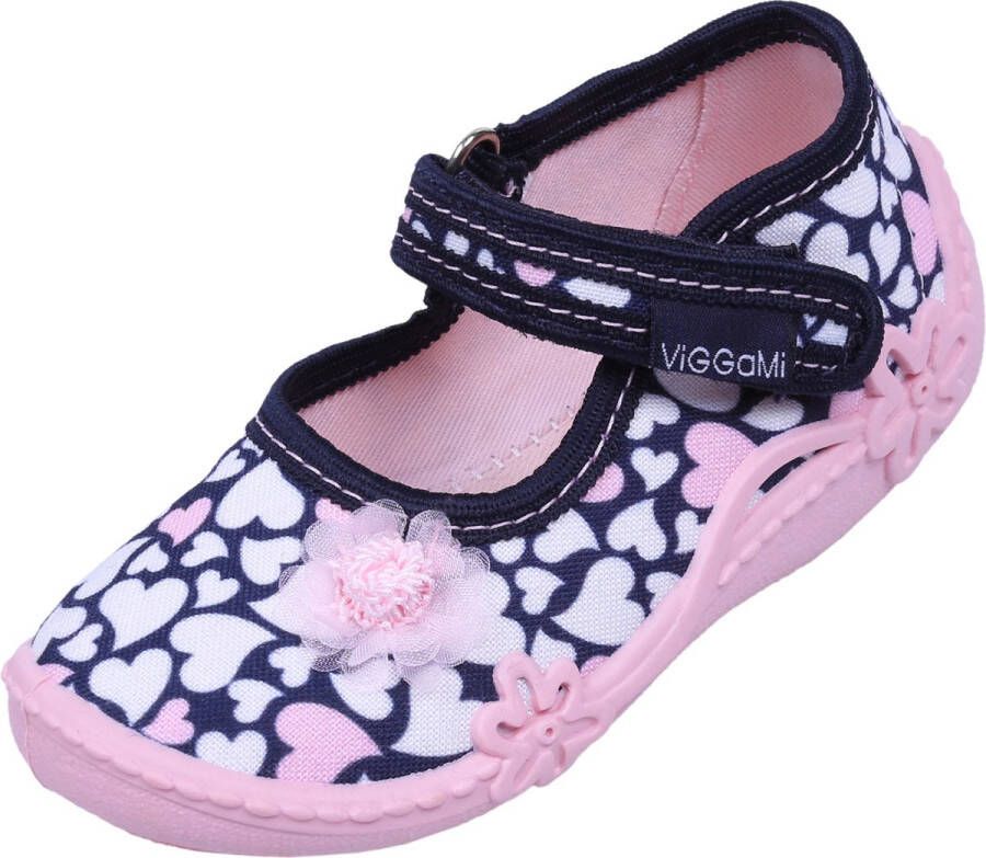 Produkt ADA DRUK Marineblauwe en roze schoenen slofjes pantoffels met hartjes klittenband