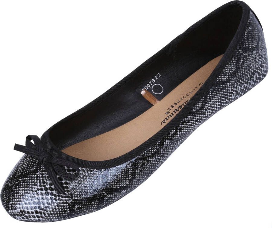 PRODUKT Zwart-witte ballerina's van slangenleer met strik