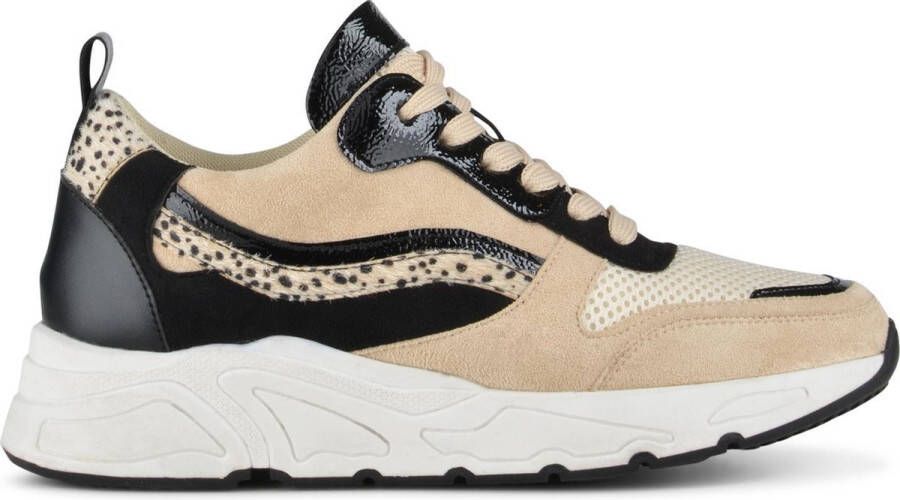 PS Poelman Carocel Dames Imitatie Leren Suède Runner Sneakers met Profielzool Beige Zwart Multi
