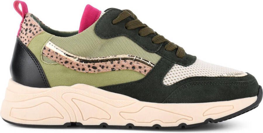PS Poelman Dames CAROCEL Imitatie Leren Suedè PU Runner Sneakers met Beige Profielzool Donker Groen Goud