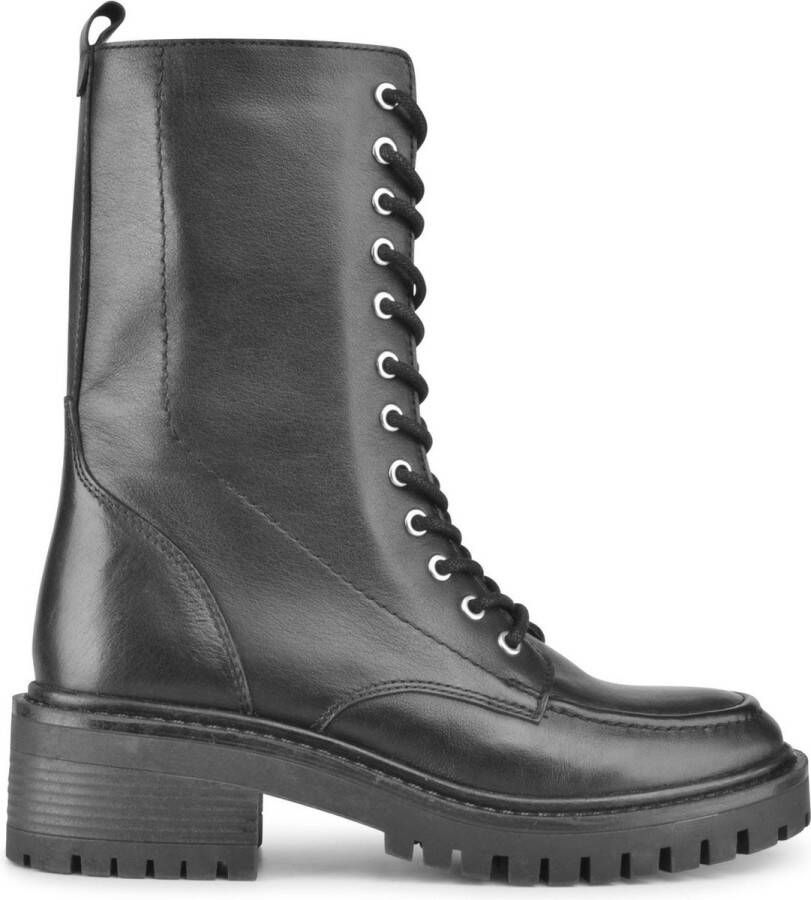 PS Poelman Dames KLARA Leren Hoge Veter Laarzen met Stitching Stoere  Blokhak met Zilveren Details Zwart - Schoenen.nl