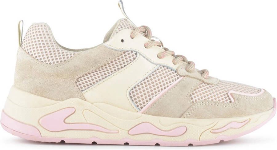 PS Poelman Dames MINION Nude Combo Mesh Suède Leren Runner Sneakers met Lakleer Detail