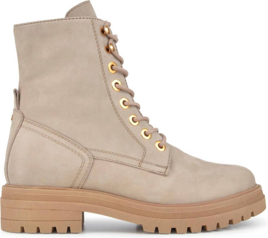 PS Poelman Dames MINK Suède Leren Nubuck Veter Laarzen met Stoere Profielzool en Gouden Details Beige Taupe