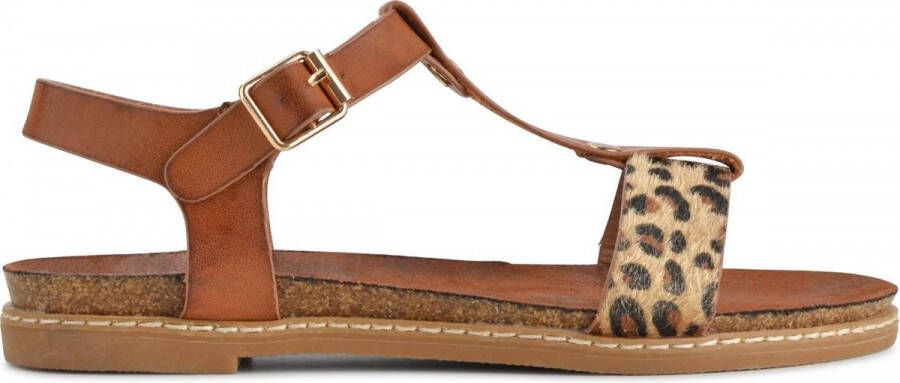 PS Poelman Dames Sandalen Brizo Cognac Bruin met Luipaard Print