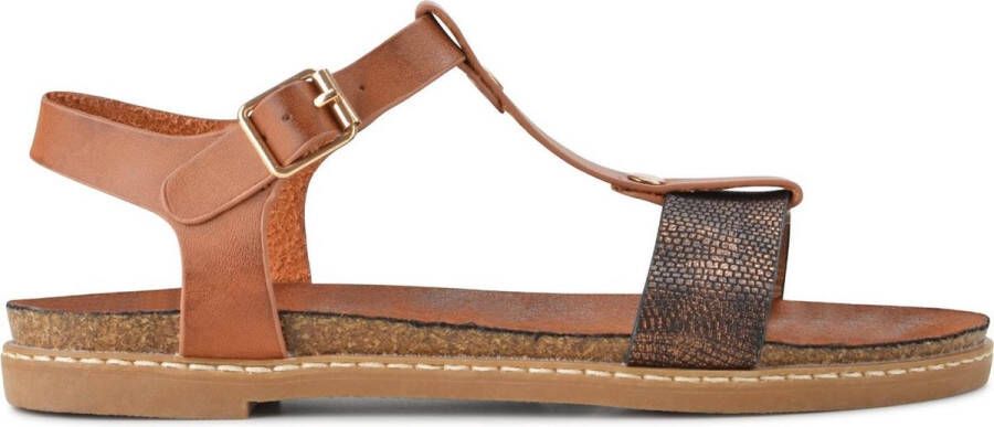 PS Poelman Dames Sandalen Lizzy Cognac Bruin met Metallic Brons Snake Print