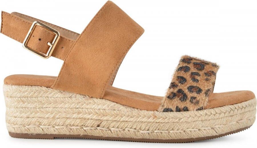 PS Poelman Dames Sandalen met Espadrille Zool Iris Cognac Bruin met Furry Luipaard Print