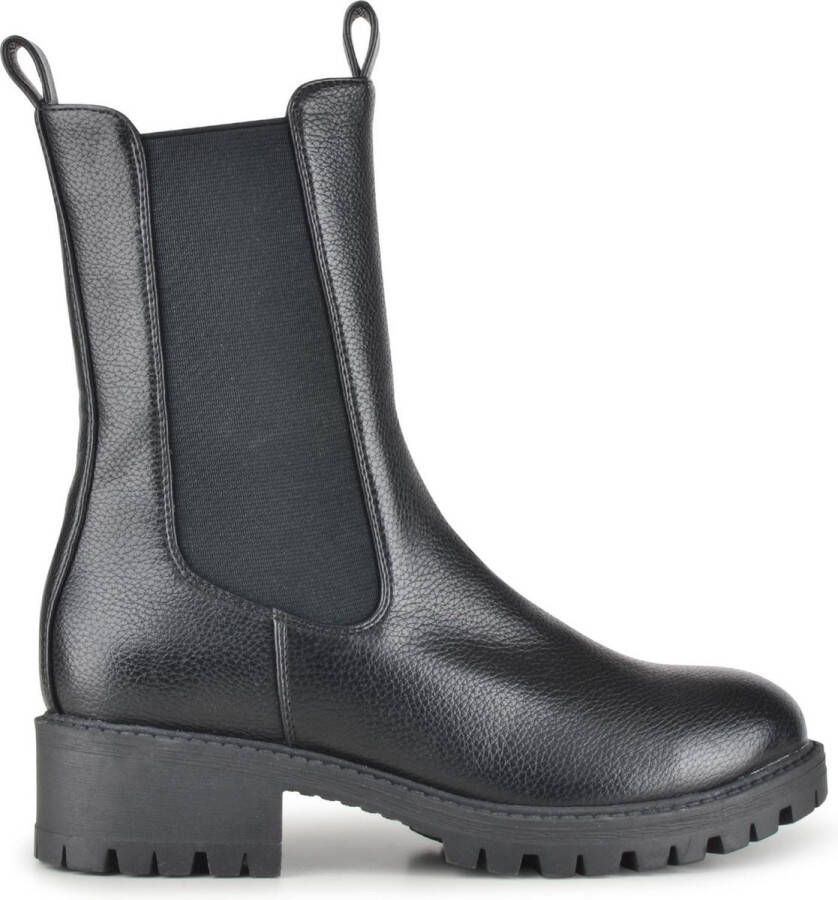 PS Poelman Dames XERA PU Tumbled Imitatieleren Hoge Chelsea Laarzen Boots met Elastiek en Stoere Blokhak- Zwart