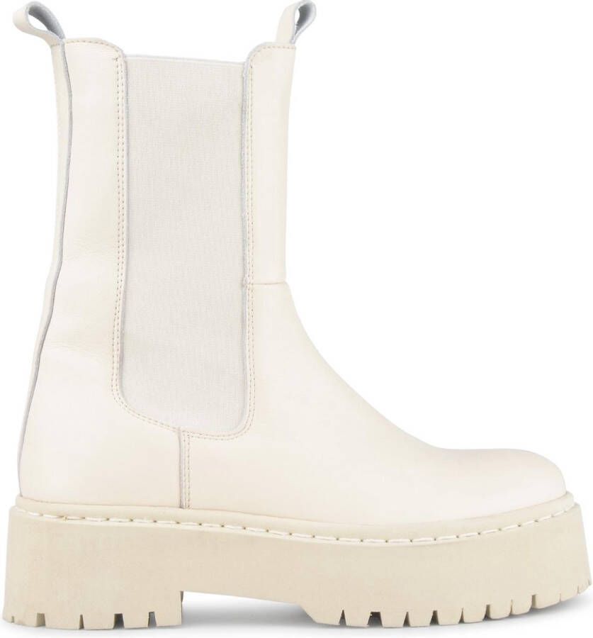 PS Poelman Kimmy Dames Leren Chunky Chelsea Enkellaarzen met Elastiek Beige Crème Wit