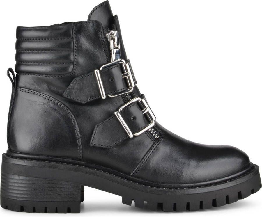 PS Poelman Klara Dames Leren Chunky Biker Boot met Gespen en Ritssluiting Zwart