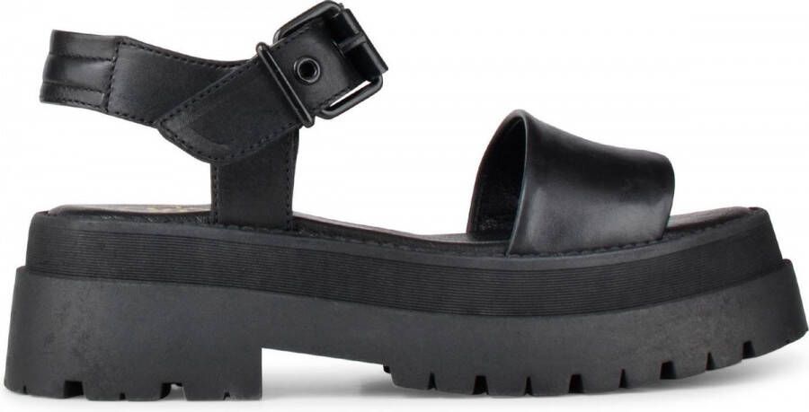 PS Poelman KORIOS Dames Leren Chunky Plateau Sandalen met Gespsluiting Zwart