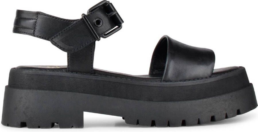 PS Poelman KORIOS Dames Leren Chunky Plateau Sandalen met Gespsluiting Zwart