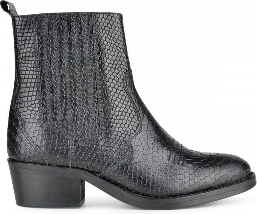 PS Poelman Leren Western Chelsea Cowboy Enkellaarzen met Snake Print Mustang Zwart Dames