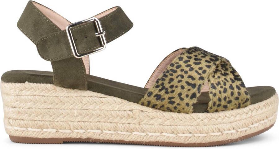 PS Poelman LONA Dames Faux PU Imitatie Suède Leren Sandalen met Espadrille Sleehak Zool en Luipaard Print Kaki Olijf Groen
