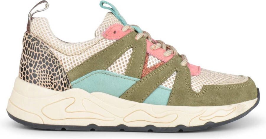 PS Poelman Dames MINION Nude Combo Mesh Suède Leren Runner Sneakers met Lakleer en Glitter Details Beige Groen Blauw Roze Luipaard Multi