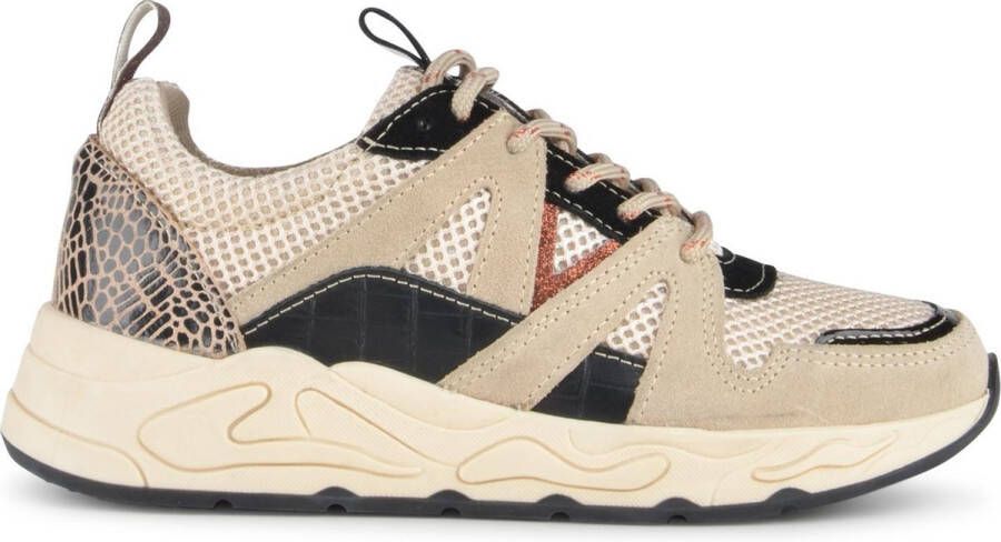 PS Poelman Dames MINION Nude Combo Croco Mesh Suède Leren Runner Sneakers met Lakleer en Glitter Details Beige Zwart Luipaard Multi