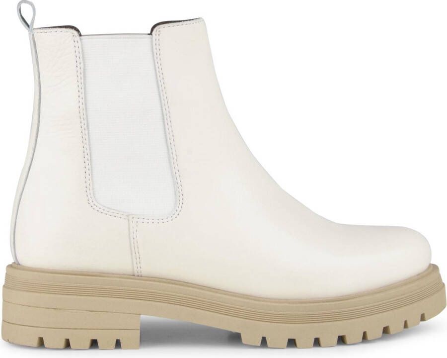 PS Poelman Mink Dames Leren Chelsea Korte EnkelLaarzen met Beige Zool en Elastiek Crème Wit