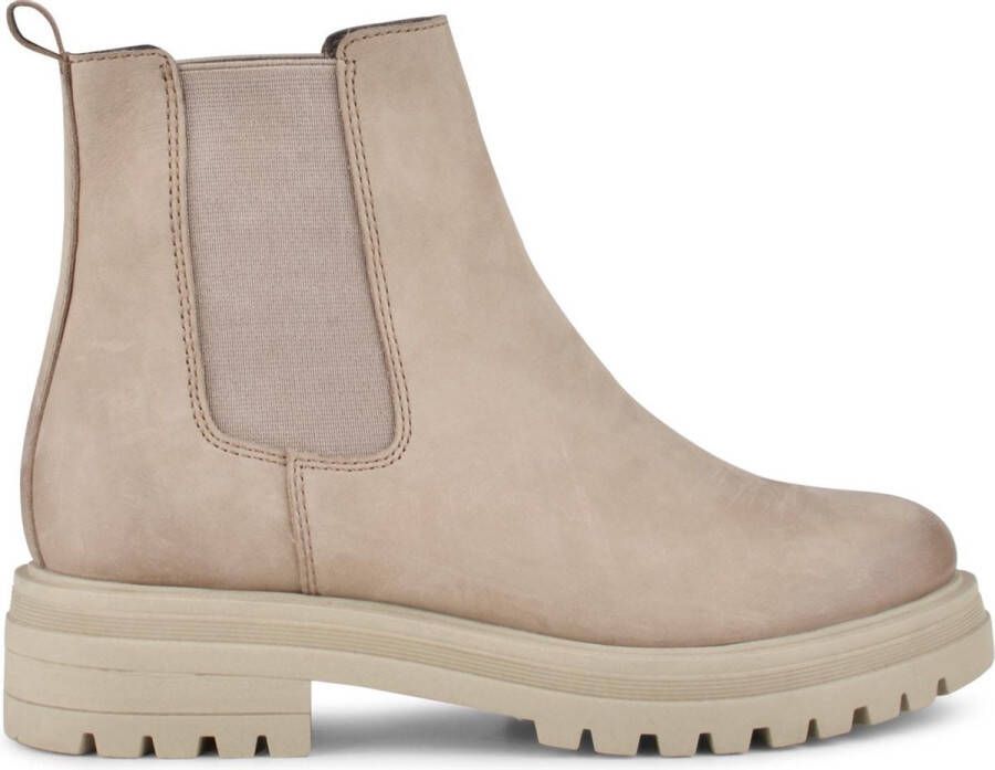 PS Poelman Mink Dames Nubuck Leren Chelsea Korte Enkel Laarzen met Beige Zool en Elastiek Beige Bruin Taupe