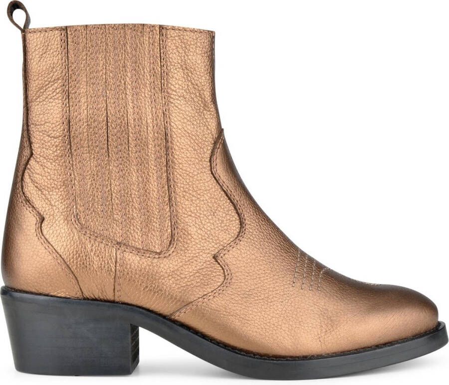 PS Poelman Mustang Dames Leren Western Chelsea Cowboy Enkellaarzen Bruin Brons Metallic