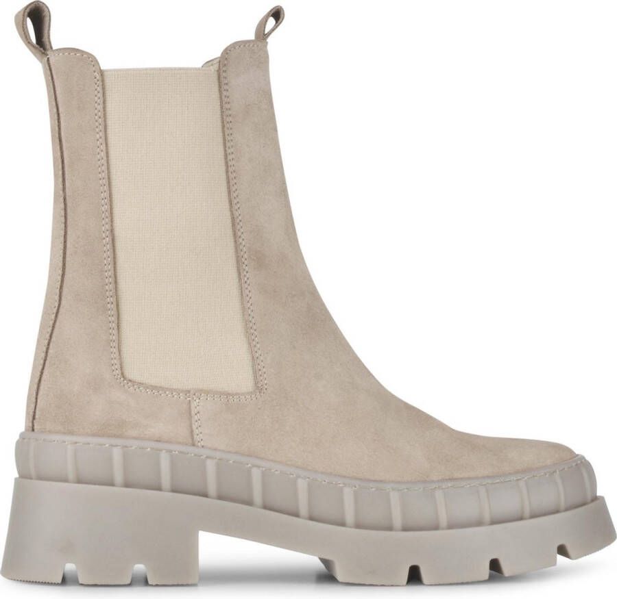 PS Poelman Dames NORA Nude Suède Leren Chunky Chelsea Laars Instappers met Elastiek Beige Taupe