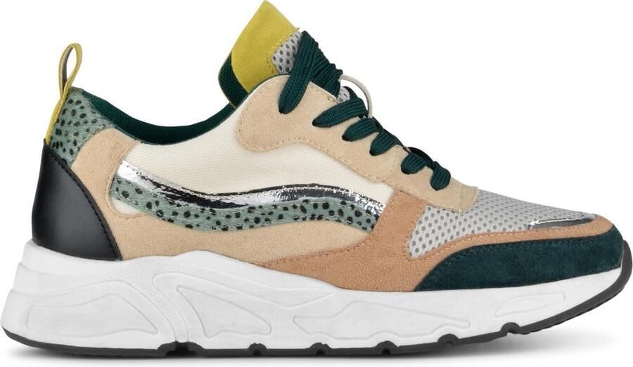 PS Poelman Carocel Dames Imitatie Leren Suède Runner Sneakers met Profielzool Groen Beige Multi