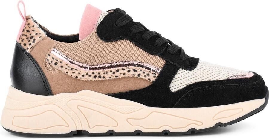 PS Poelman Dames CAROCEL Imitatie Leren Suedè PU Runner Sneakers met Beige Profielzool Zwart Rose Goud