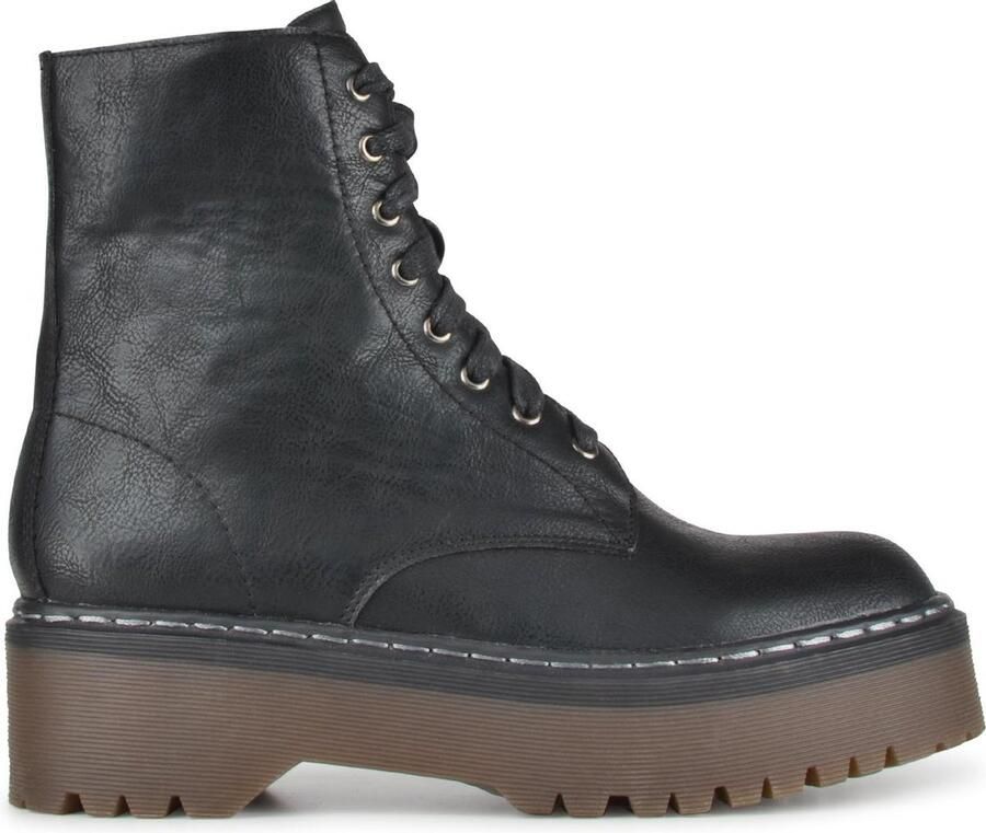 PS Poelman Dames DOLIS PU Imitatieleren Chunky Veter Laarzen Boots met Rits Zwart