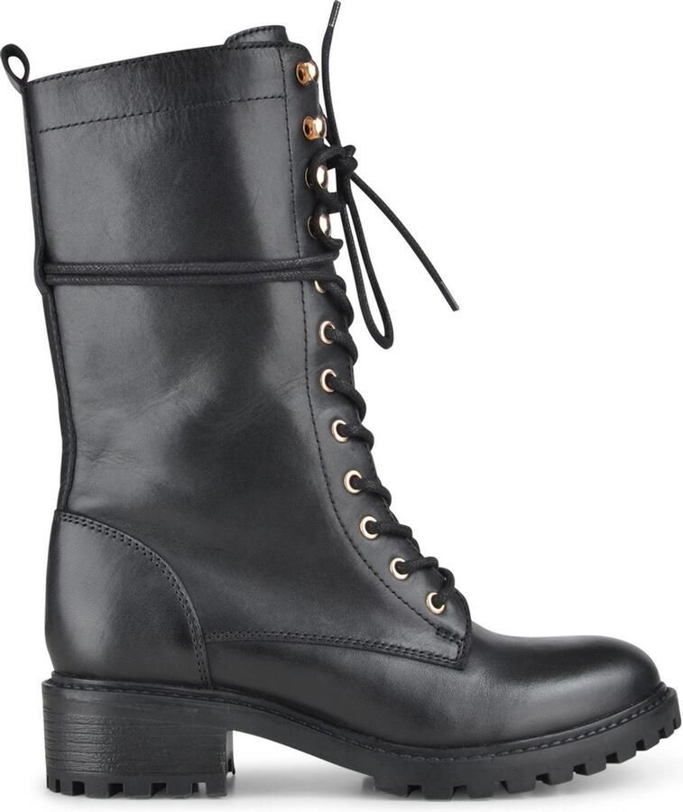 PS Poelman Dames FENIX Leren Hoge Veter Laarzen Stoere Blokhak met Rits en Gouden Details Zwart