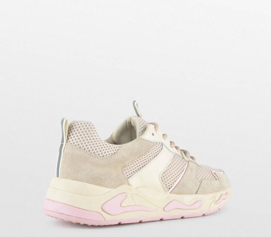 PS Poelman Dames MINION Nude Combo Mesh Suède Leren Runner Sneakers met Lakleer Details Beige Taupe Roze Multi - Foto 3
