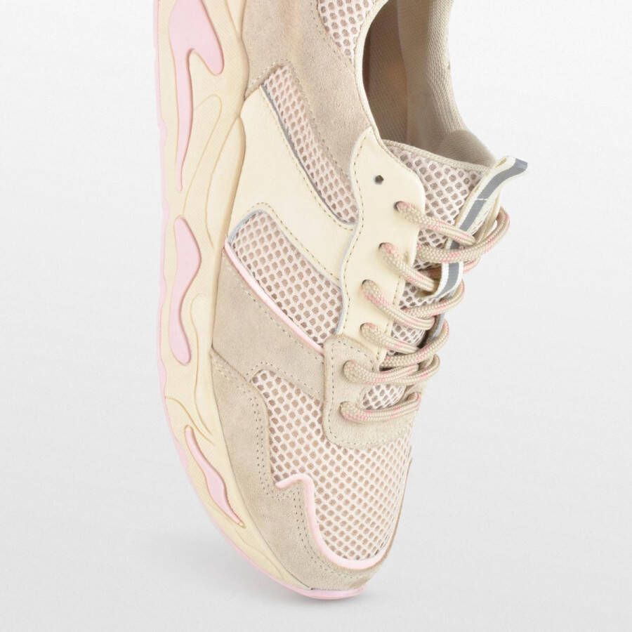 PS Poelman Dames MINION Nude Combo Mesh Suède Leren Runner Sneakers met Lakleer Details Beige Taupe Roze Multi