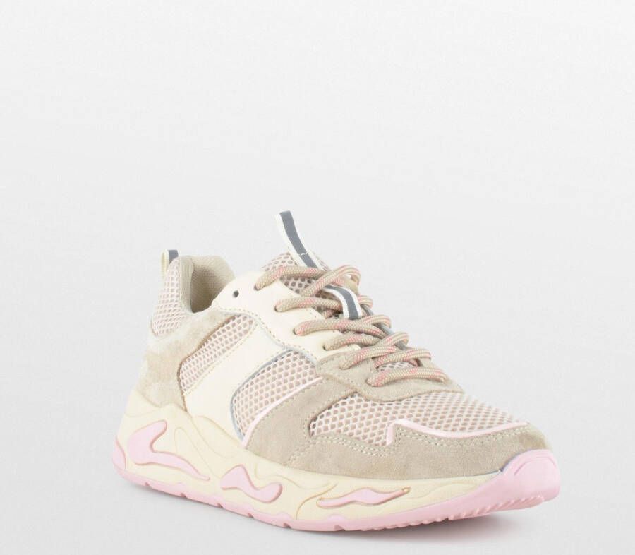 PS Poelman Dames MINION Nude Combo Mesh Suède Leren Runner Sneakers met Lakleer Details Beige Taupe Roze Multi - Foto 5
