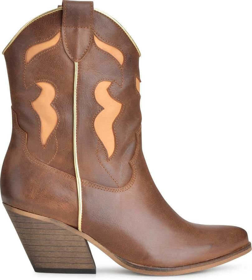 PS Poelman Dixie Dames Western Cowboy Halfhoge Leren Laarzen met Gouden Piping Bruin - Foto 2