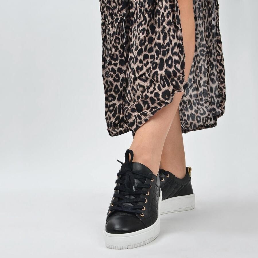 PS Poelman Esquimo Dames Quilted Leren Tennis Sneakers Zwart