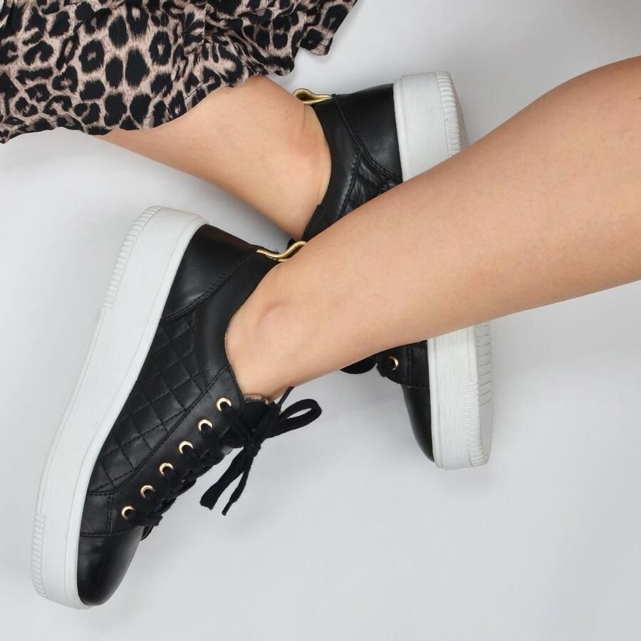 PS Poelman Esquimo Dames Quilted Leren Tennis Sneakers Zwart - Foto 2