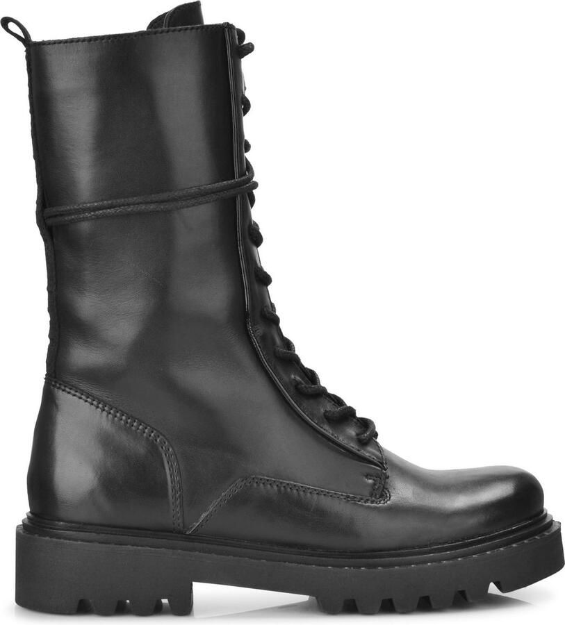 PS Poelman Hoge Leren Veter Boots met Lakleren Piping Saturno Zwart Dames
