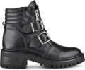 PS Poelman Klara Dames Leren Chunky Biker Boot met Gespen en Ritssluiting Zwart - Zwart
