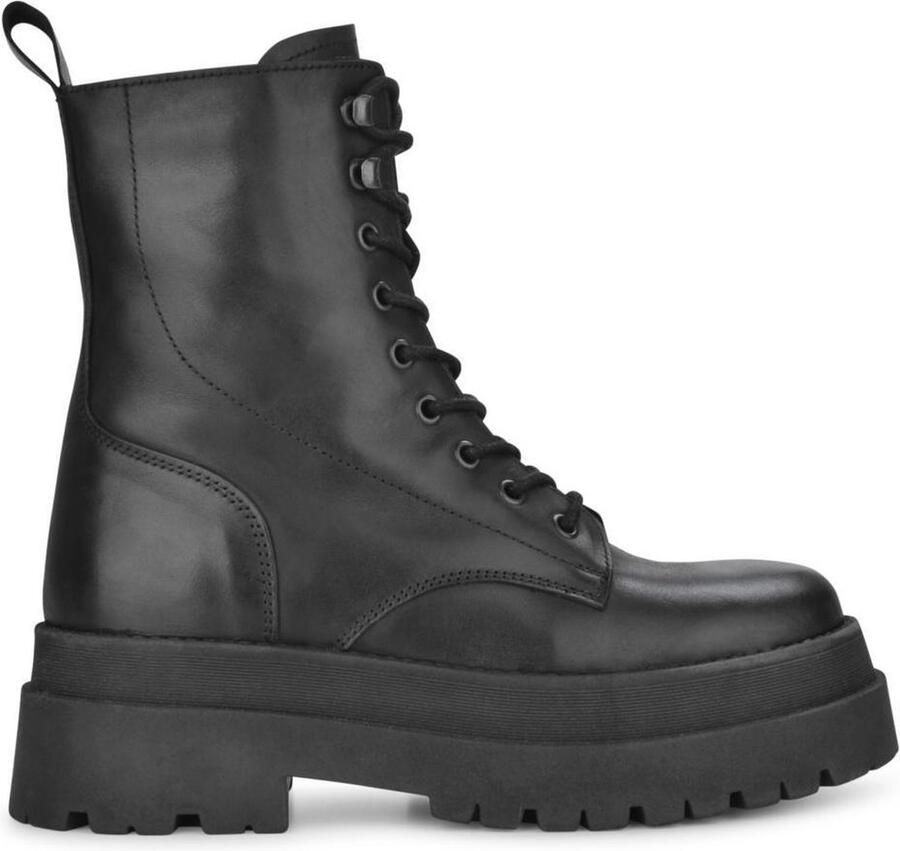 PS Poelman Leren Chunky Plateau Combat Veterlaarzen Korio Zwart Dames