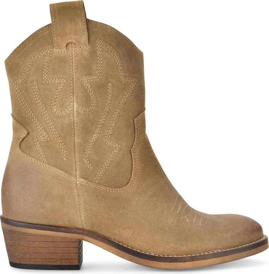 PS Poelman Leren Western Cowboy Enkellaarzen met Stitching Details Mustang Cappuccino Beige Bruin Dames
