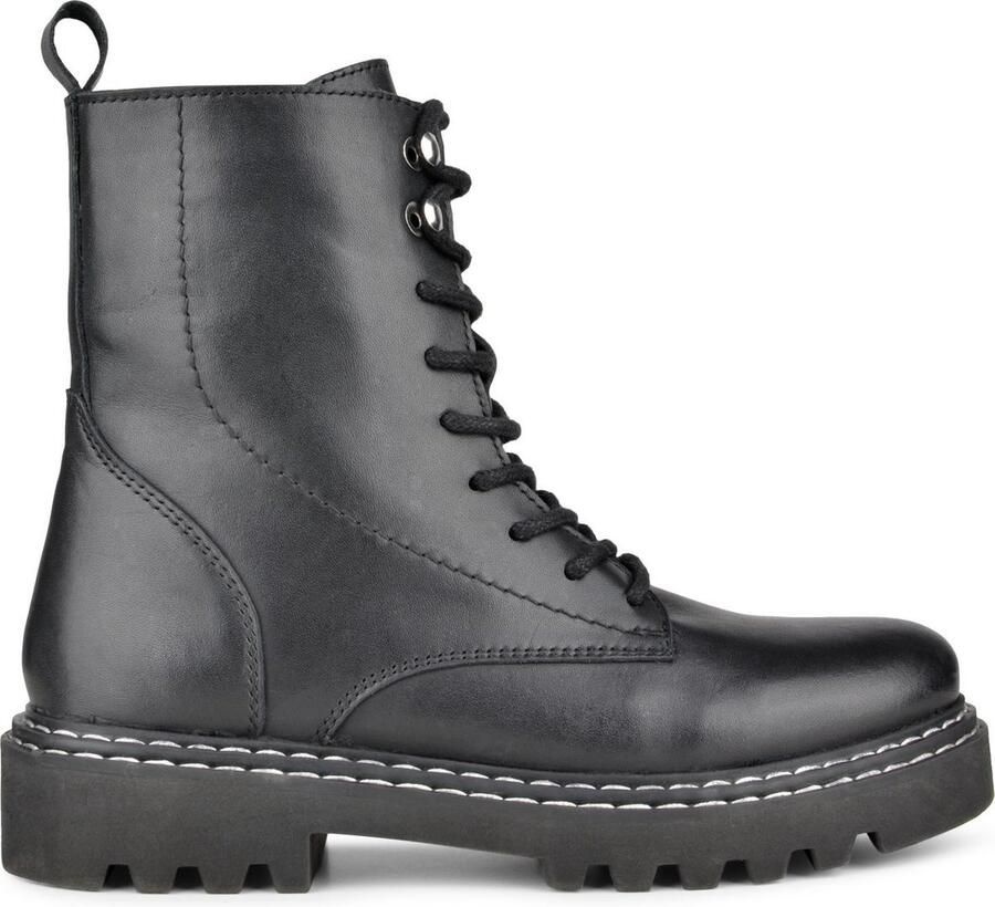 PS Poelman Saturno Dames Leren Veterboots met Witte Stitching Zwart