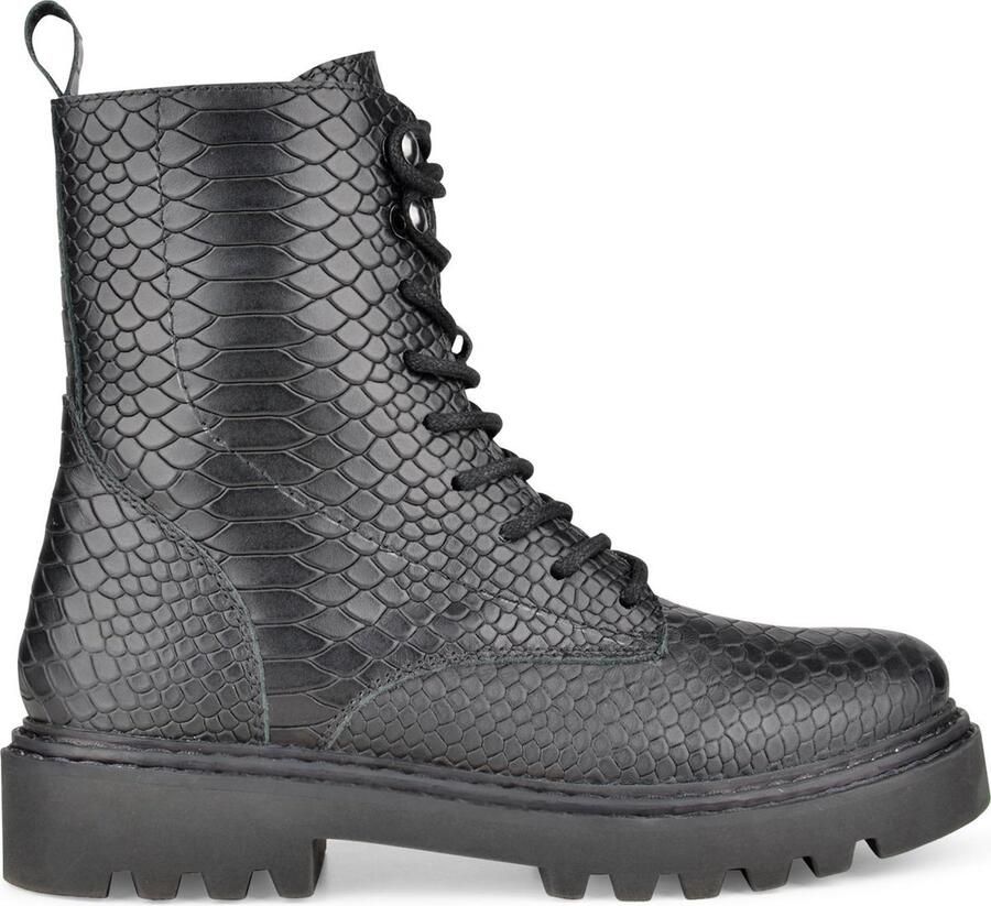 PS Poelman Saturno Dames Leren Veterlaarzen met Snake Print Zwart Snake