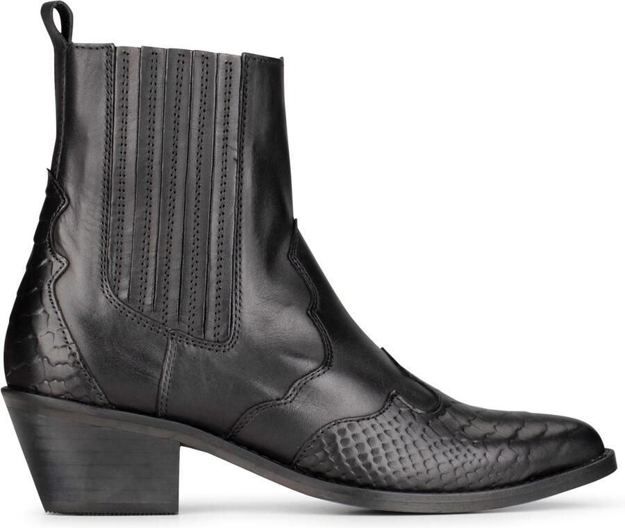 PS Poelman Leren Chelsea Enkellaarzen met Western Snake Print Details Tartor Zwart Dames