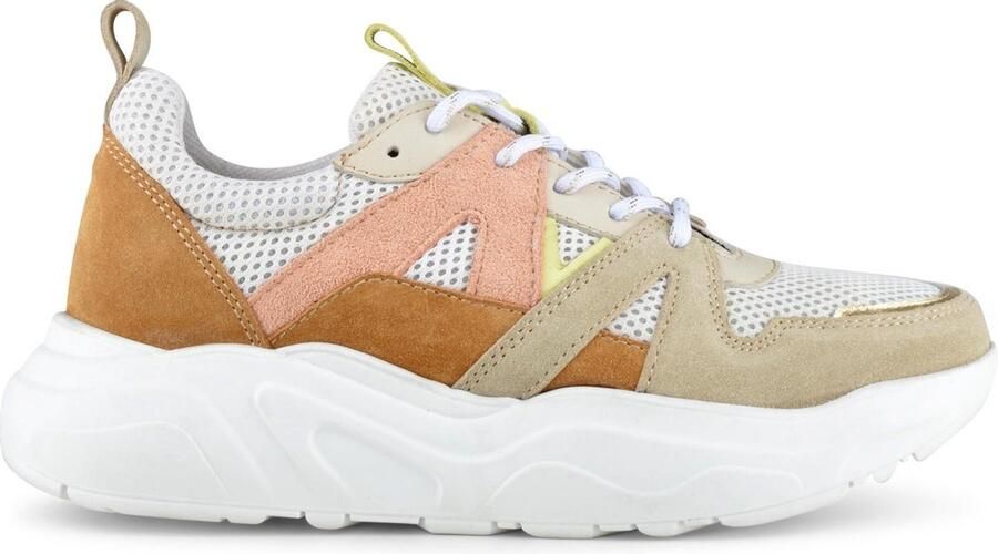 PS Poelman Year Dames Leren Chunky Runner Sneaker van Mesh en Suéde Beige Cognac Peach
