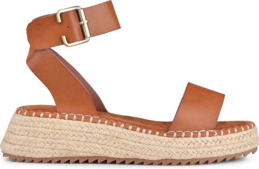 PS Poelman TARA Dames Faux PU Imitatie Leren Sandalen met Sportieve Espadrille Sleehak Zool Bruin Cognac