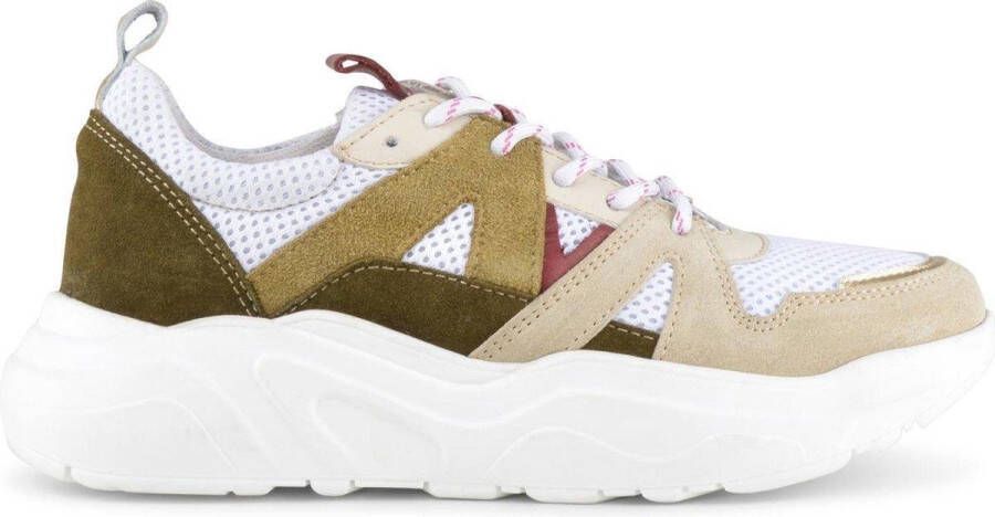 PS Poelman Year Dames Leren Chunky Runner Sneaker van Mesh en Suéde Beige Kaki Groen