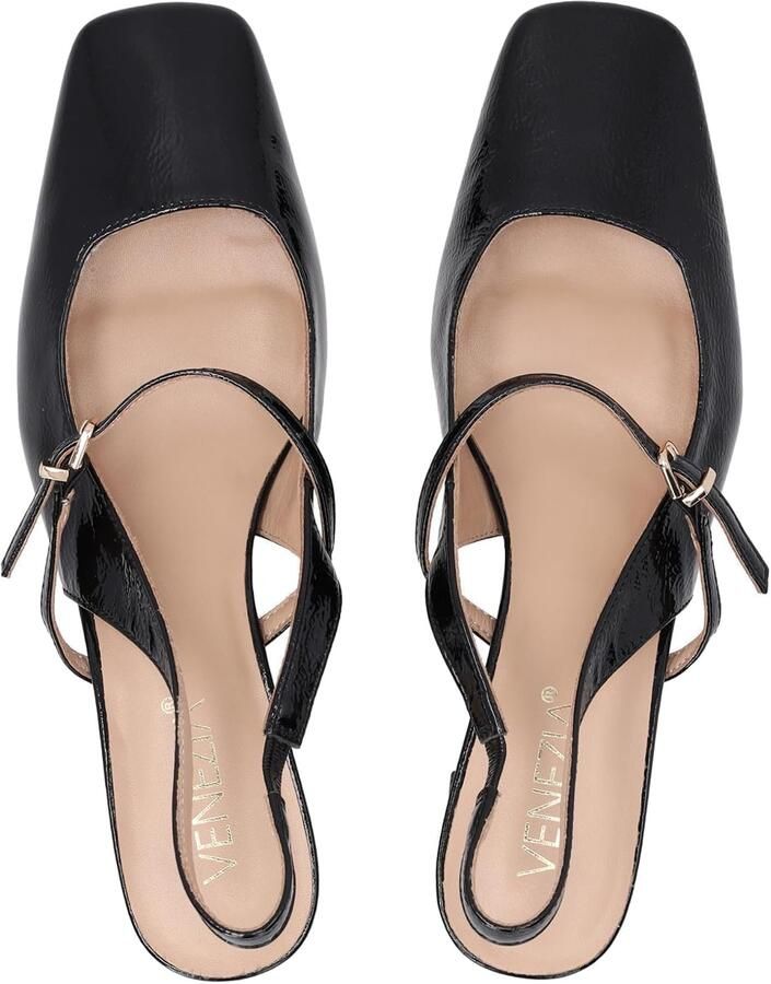 Pumps van lakleer met blokhak en vierkante neus zwart