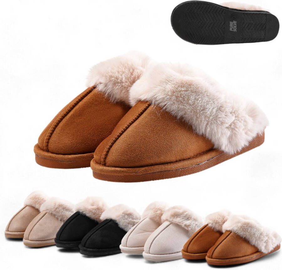 Dames pantoffels Fluffy gevoerde pantoffels open sloffen antislip zool heerlijk warm beige 40 41 valt 1 maat kleiner