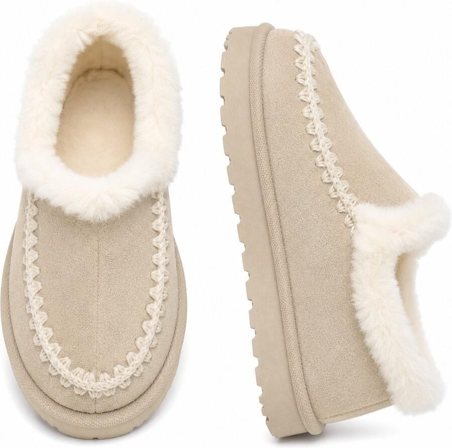 Puresolve Dames Pantoffels Luxe Warme Sloffen Zachte Bontvoering Stevige Zool voor Binnen & Buiten Beige