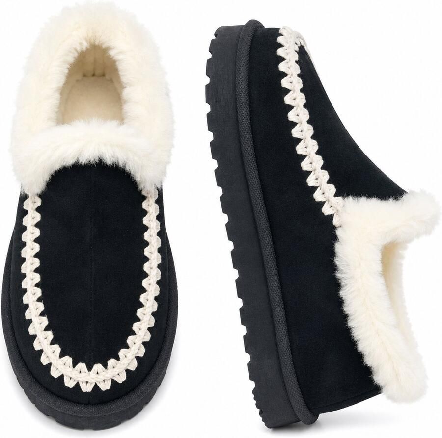 Puresolve Dames Pantoffels Luxe Warme Sloffen Zachte Bontvoering Stevige Zool voor Binnen & Buiten Zwart