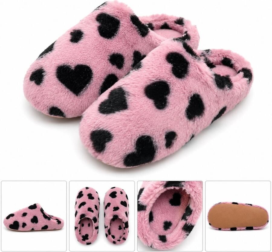 Puresolve Dames Pantoffels met Hartjes Warme Zachte Huissloffen Pluche Sloffen voor Dames wit bruin