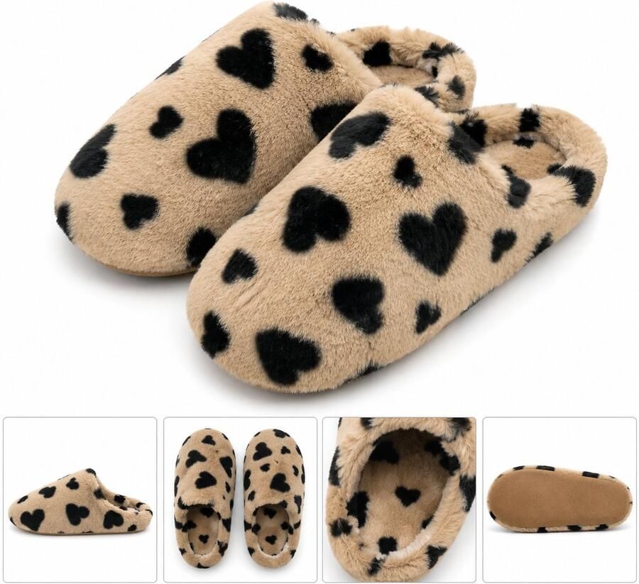 Puresolve Dames Pantoffels met Hartjes Warme Zachte Huissloffen Pluche Sloffen voor Dames beige